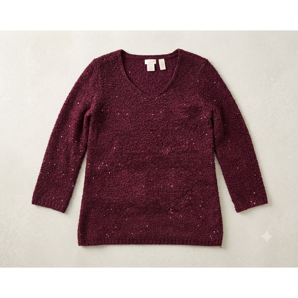 Chico’s Women’s  S Burgundy Sequin Chenille V‑Neck Sparkly Shimmer Sweater